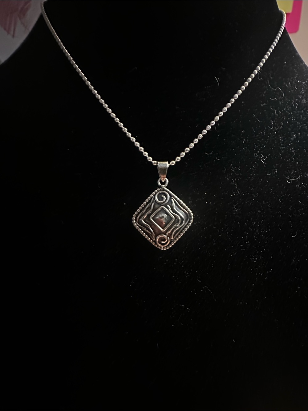 Opulenza Sterling Silver Square Pendant Necklace in Silver